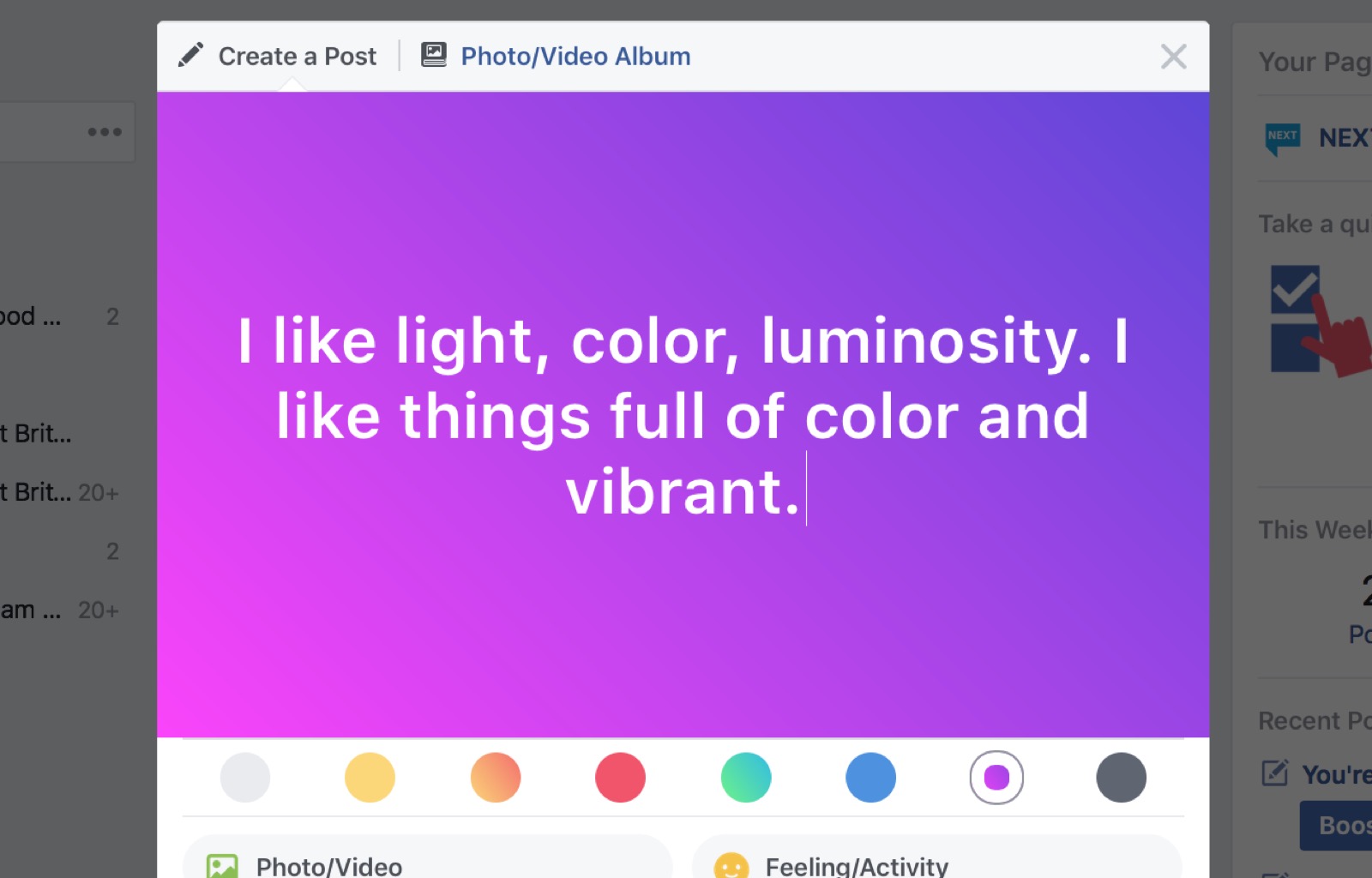 Facebook rolling out text statuses with coloured backgrounds to the web